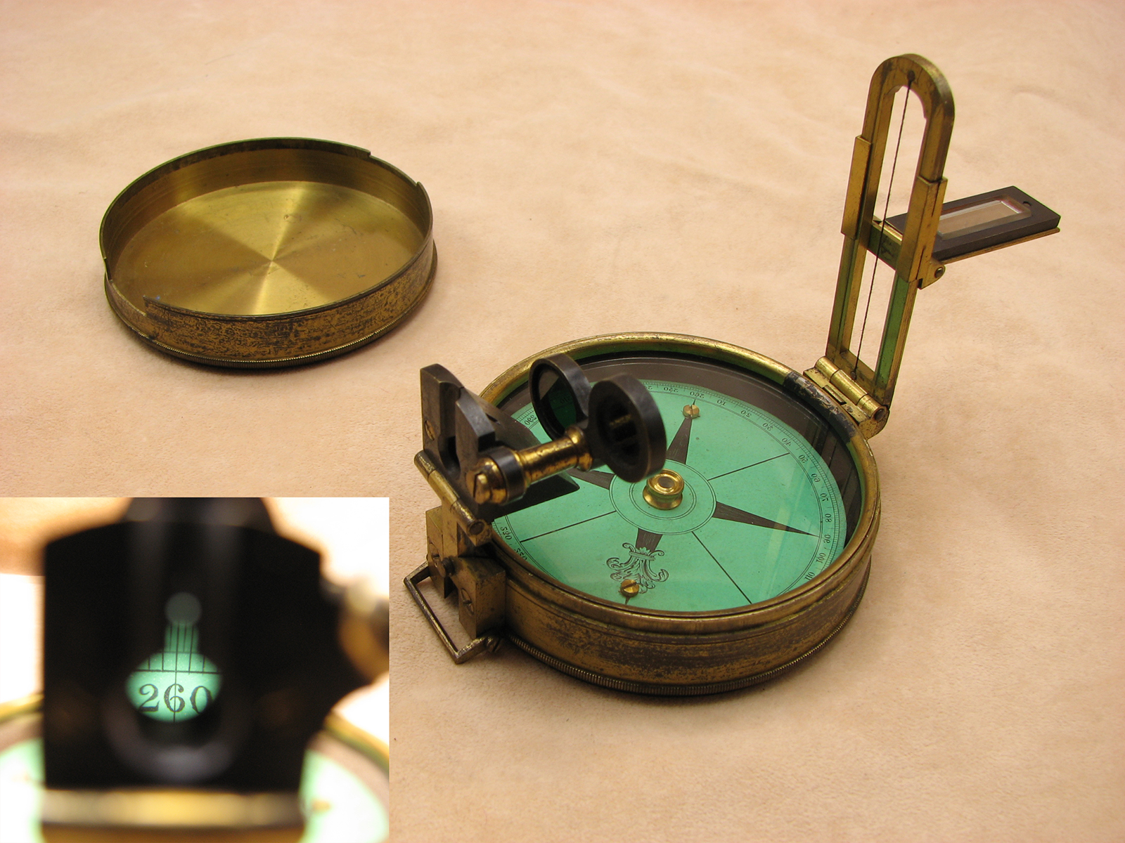 Mid 19th century prismatic sighting compass in leather case 